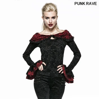 

Gothic Vintage printing shawl collar lantern sleeve Tops Palace noble Victoria party club Women Cotton T-shirt PUNK RAVE T-369