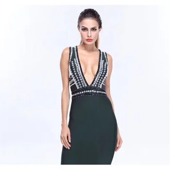 

Summer Beaded Bandage Dress Women Sexy V Neck Sleeveless Bodycon Dresses Fashion Black Backless Party Club Vestidos