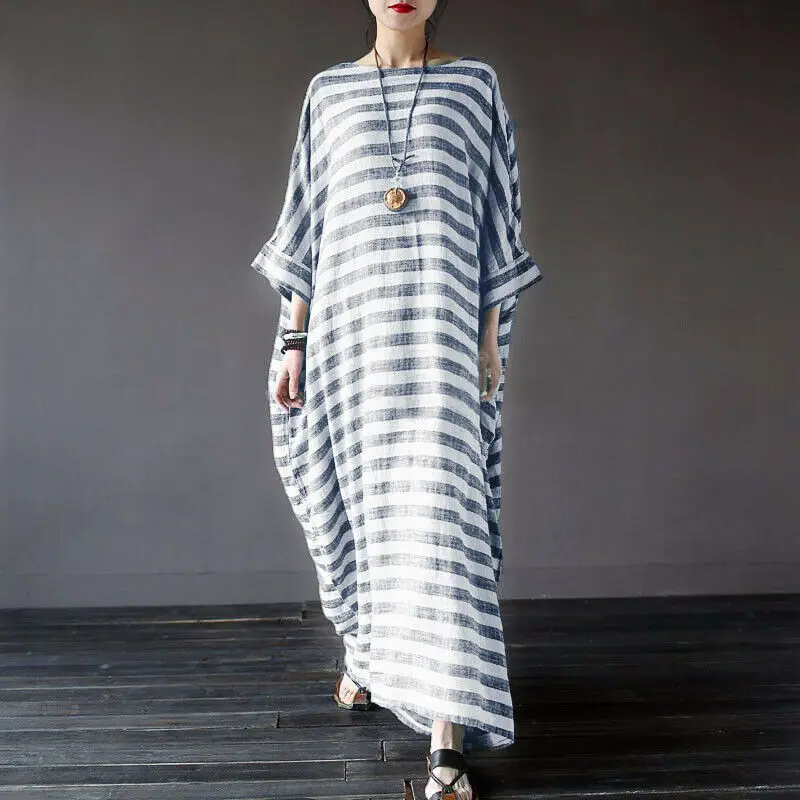

Women's Kaftan Cotton Short Sleeve Striped Casual Dress Female O Neck Summer Hot Elegant Oversized Maxi Long Shirt Dresses