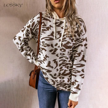 

Sweater Autumn Winter Jumper Leopard Print Drawstring Knitted Pullover Hooded Knitwear Tops Fall Clothes For Women 2020 Fashion
