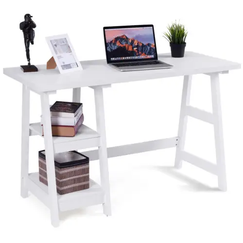 

Costway Modern Trestle Desk Laptop Writing Table Shelves Computer Desk