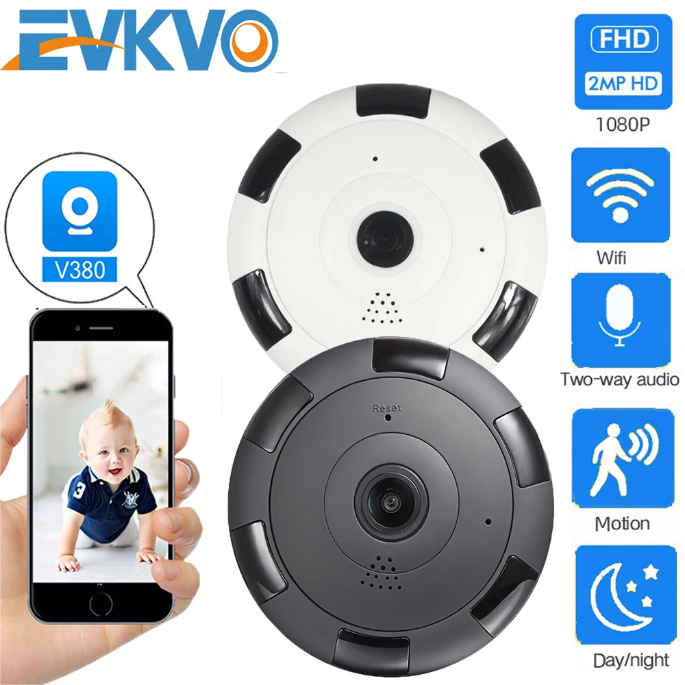 

EVKVO 1080P Panoramic Wireless Whit&Black Camera Home Security Network IP Camera 360 Degree Fisheye Lens Camera IR Night Vision