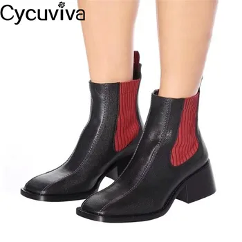 

New Elastic splicing Black Ankle Boots For Women Genuine Leather Flat Knight Boots Women Square Toe Women Shoes zapatos de mujer