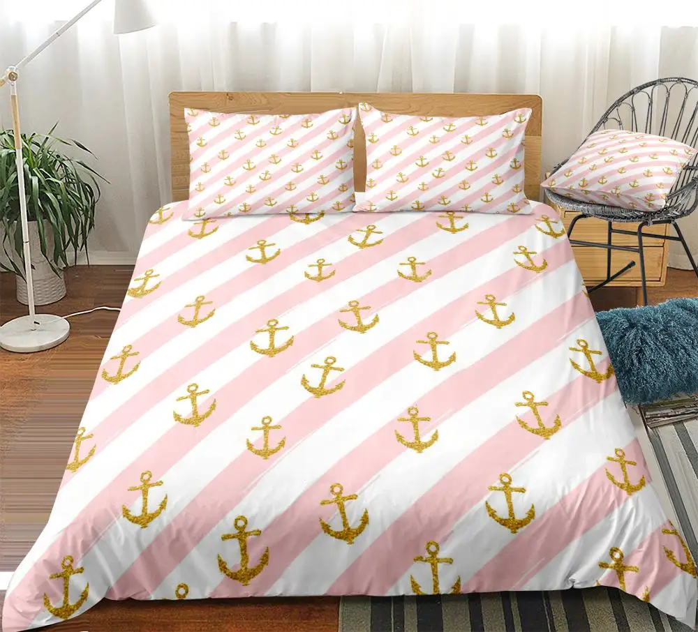 

Pink Bedding Set Navy Duvet Cover Set Stripe Beds Set For Girls Kids Teens Home Textiles Microfiber Bedspread Bedding Set