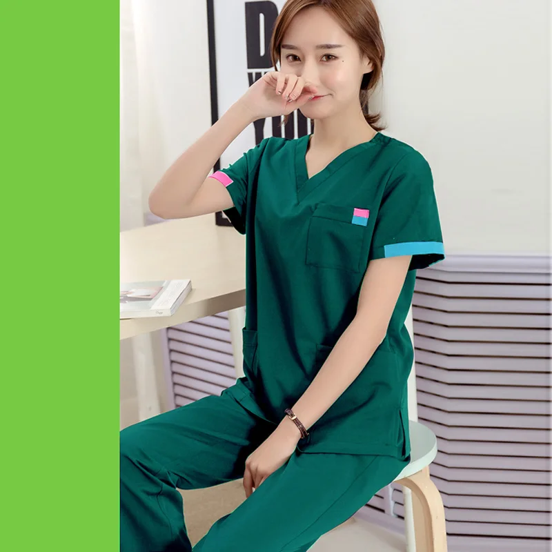 [SET] Women's Fashion Scrubs Set V Neck Contrasting Color Design Pure Cotton Top + Pants