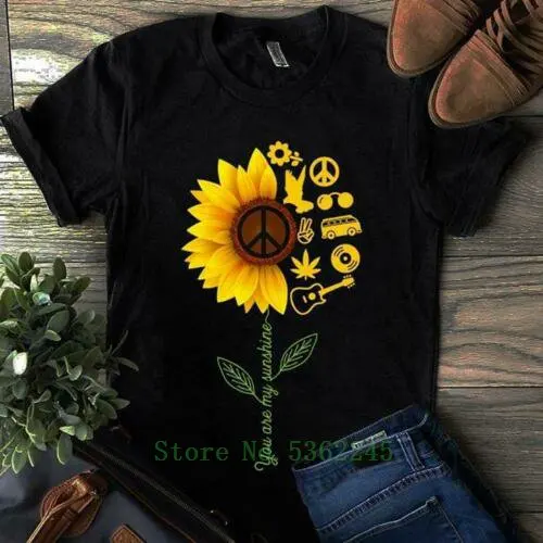 Хиппи Подсолнух гитара жизнь ты мой Солнечный свет футболка Черная Хлопковая