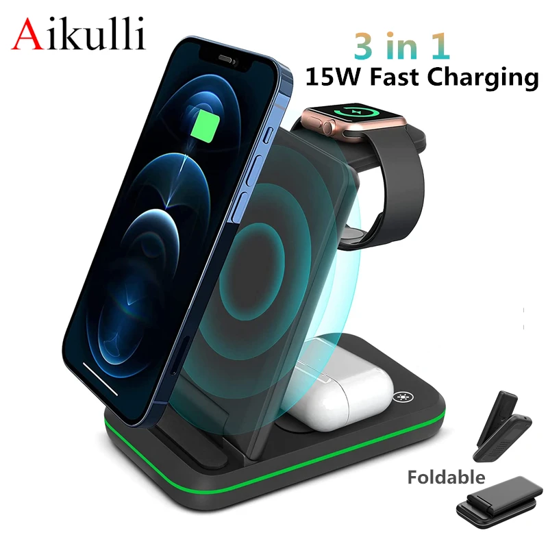 

3 in 1 Qi Wireless Chargers Stand 15W Fast Charging Station for iPhone 12 11 XS XR Apple Watch 6 5 4 3 AirPods Wireless Charger