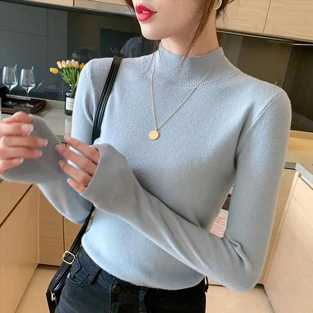 AOSSVIAO Turtleneck Sweater Women Fashion 2021 New Stretch Tops Women Knitted Pullovers Long Sleeve Bottoming Knitted Sweater Blue