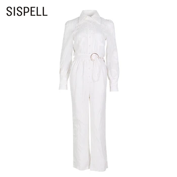 

SISPELL Patchwork Embroidery For Female Jumpsuit Lapel Collar High Waist Slim With Belt Women's Wide Leg Straight Jumpsuit 2020