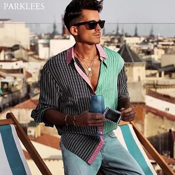 

Fashion Stripe Mens Shirt Patchwork Hit Color Shirt for Men 2020 Casual Button Up Men Long Sleeve Shirts Streetwear Male Camisas