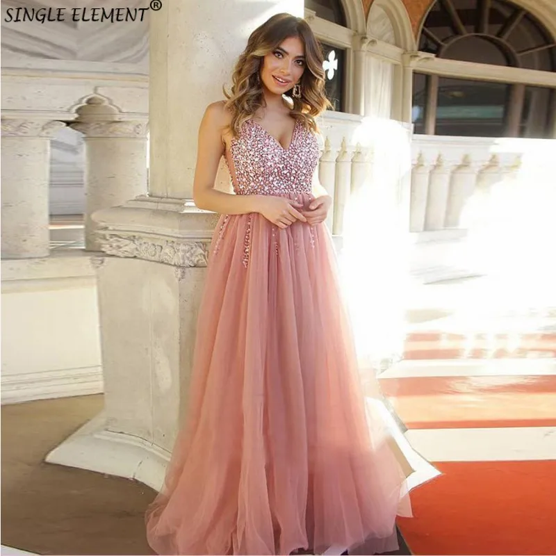 

Illusion Beading Prom Dresses 2019 V neck Pink Vestido Tulle Sweep Train Party Evening Gown Lace Up