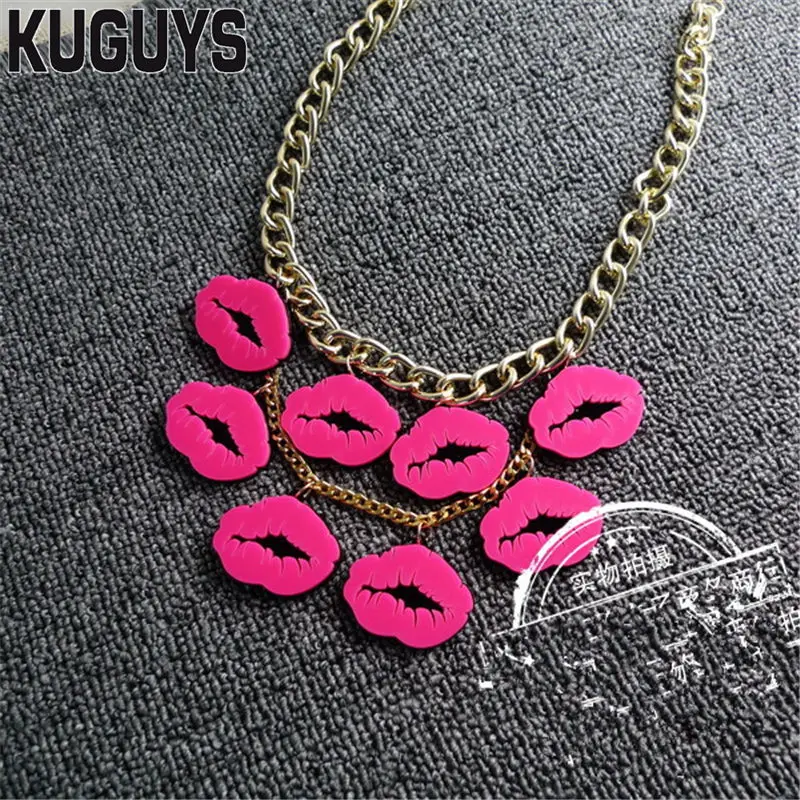 NECKLACE KUGUYS Модные Акриловые украшения на заказ женские золотые серебряные броши в виде губной помады хип-хоп сексуальные красные губы брошь - Окраска металла: NECKLACE