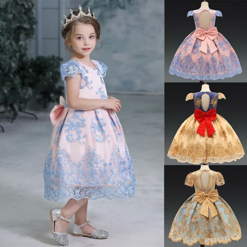 Princess Party Dress Toddler Kids Baby Girl Dresses Round Neck Short Sleeve Lace Bow Flower Tutu Lace Birthday Ball Gown Dress