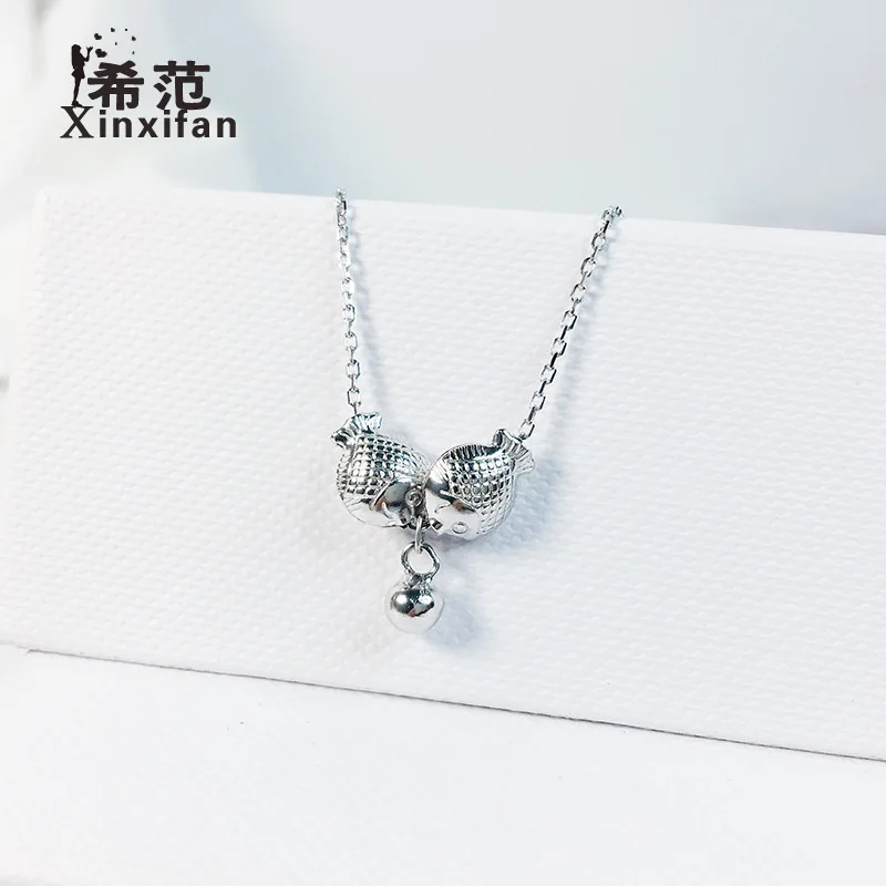 

S925 Fine Silver Kiss Fish Necklace Women's Clavicle Double Fish Bell Simple Cute Students yin pei shi