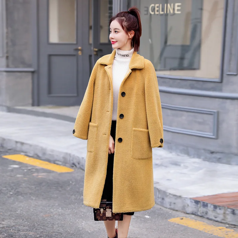 

2019 Winter New Style Overcoat Women's Small Fold-down Collar-Style Large Pocket Mid-length Faux Fur ke li rong Coat
