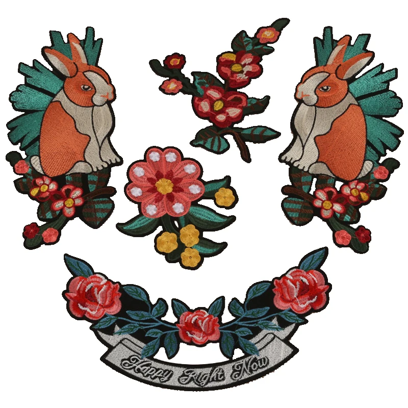 

Easter Rabbit and Flower Patch Badge Iron on Patches for Clothing Stripe Stickers on Clothes Embroidered Patches for The Garment