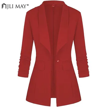 

JLI MAY Office Lady Women Blazer Business Work Wear Winter Formal Notched Pockets Casual Solid V-Neck Minimalist