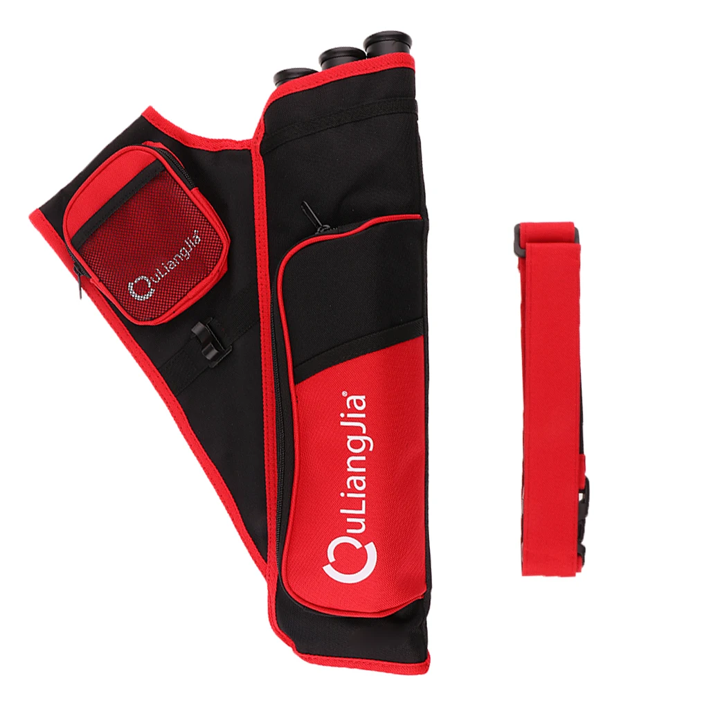 Premium Three-Tubes Archery Arrow Hip Quiver Holder Bag with Adjustable Belt Camo Red