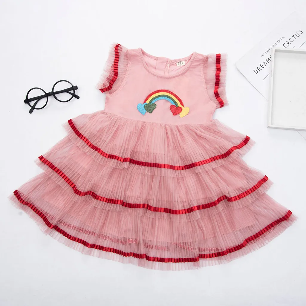 Милое Радужное платье с цветами для девочек летнее праздничное платье из тюля для маленьких девочек бальное платье, повседневная детская одежда нарядное платье для девочек