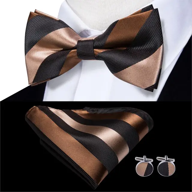 Hi-Tie Classic Black Bow Ties for Men 100% Silk Butterfly Pre-Tied Bow Tie Pocket Square Cufflinks Suit Set Floral Gold Bowties LH-737