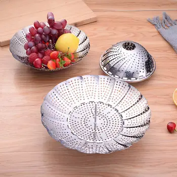 

Foldable Stainless Steel Vegetable Fruit Steamer Punching Food Drain Bowl Basket