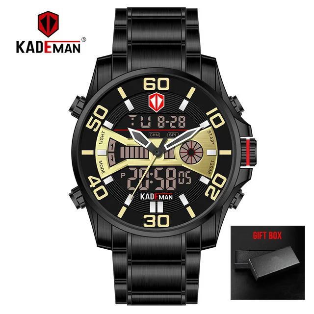 gold black KADEMAN модные спортивные цифровые часы с двойным дисплеем Мужские кварцевые часы Лидирующий бренд водонепроницаемые военные наручные часы Relogio Masculino - Цвет: gold black