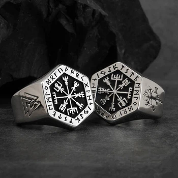 

HIYONG 2019 Fashion Viking Compass Runic Statement Rings Men Vintage Color Nordic Viking Totem Odin Men Silver Rings Jewelry