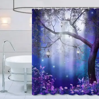 

Polyester Blue Moon Shower Curtain Set with Hooks Waterproof