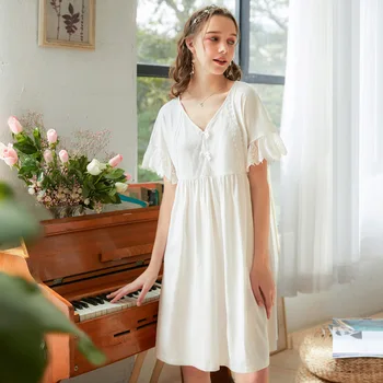 

Short sleeve cotton nightdress for women in Summer Palace sweet lace solid color short princess style loose sleep wear