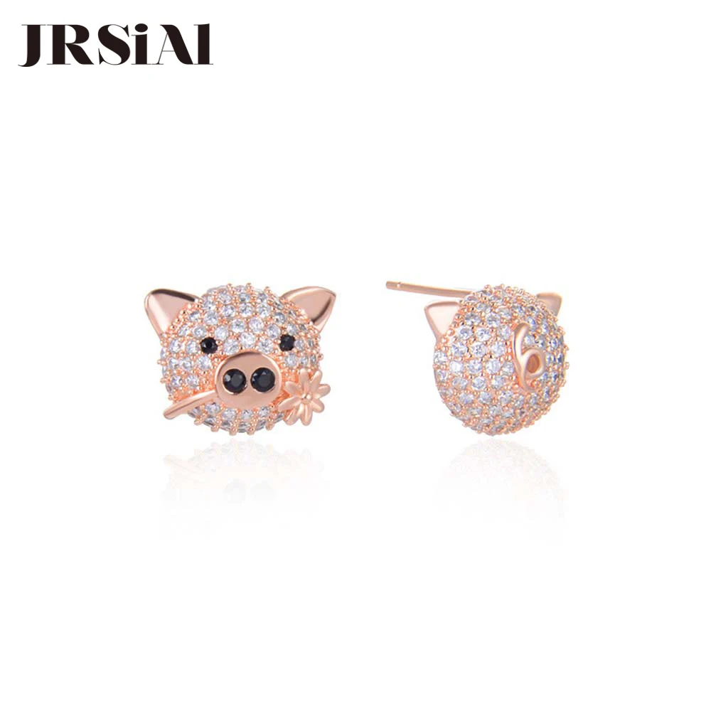 

JRSIAL 925 Sterling Silver Jewelry Zircon Earrings Woman Asymmetric Cute Pig Earrings Korean Fashion Earrings
