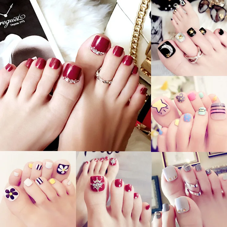 Wine Red Fake Toenails 24pcs False Toe Nails Rhinestone False 