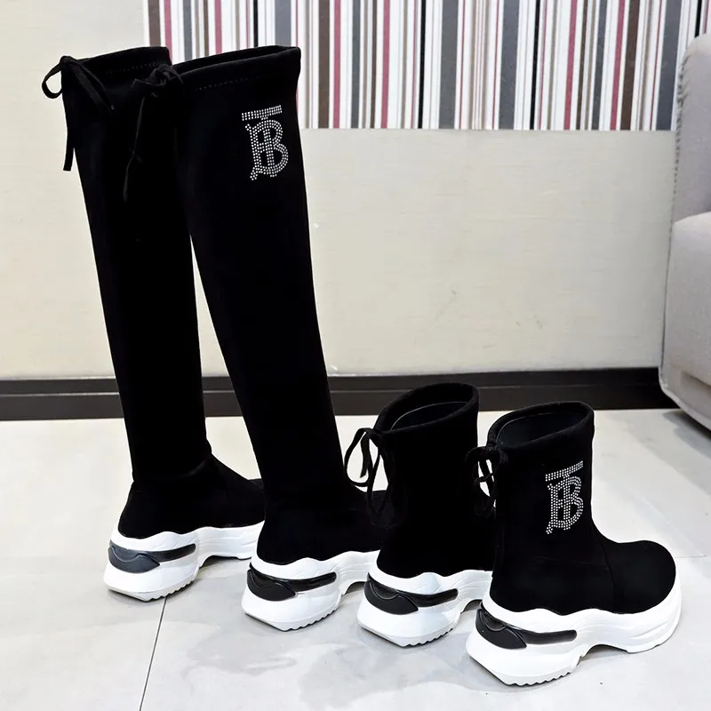 Zapatos de mujer/Сапоги выше колена; женские сапоги до бедра из эластичной ткани; коллекция года; пикантная женская обувь на плоской подошве; длинные сапоги; Bota Feminina