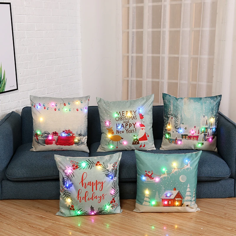 

New Christmas LED Light Cushion Cover Elk And Santa Claus Letter Cute Pillow Cover Office Car Sofa Decorative Pillows