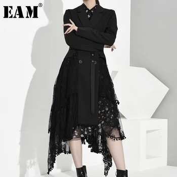 

[EAM] Women Asymmetrical Lace Split Long Trench New Lapel Long Sleeve Loose Fit Windbreaker Fashion Spring Autumn 2020 JO5690