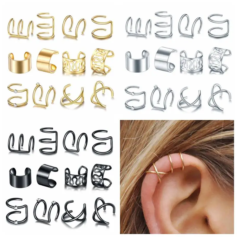 

Canner New Design 12Pcs/Set Ear Clip 3 Color Leaf Ear Cuff Earrings for Women Earcuff No Piercing Fake Cartilage Earring Jewelry
