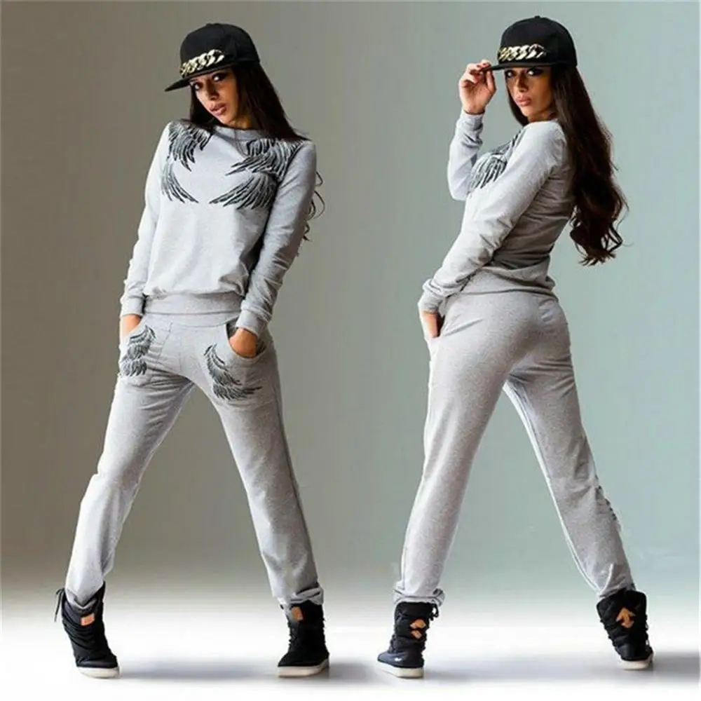 

Hot Brand 2019 Women Suit Tracksuit Wing Printing Set Spring Autumn Women Tops + Pants Fashion Suit Female Clothes Plus Size