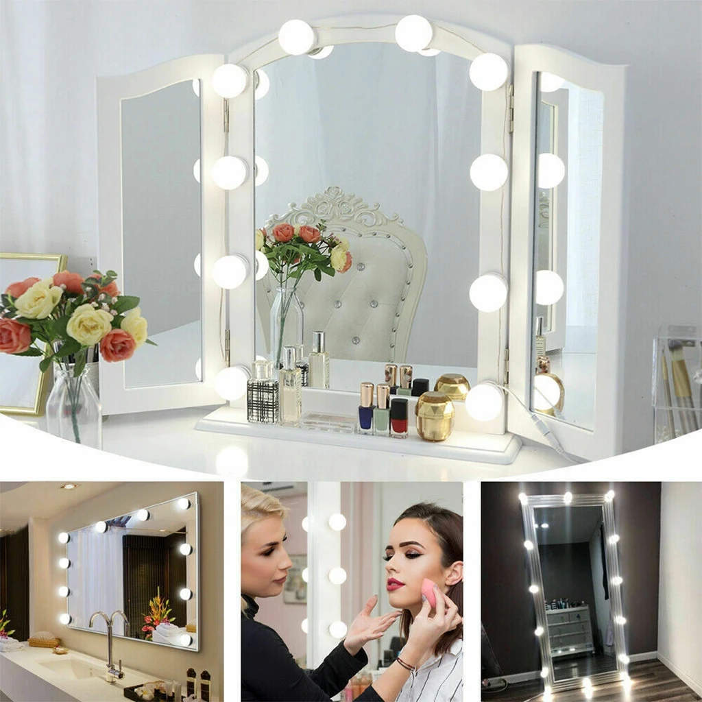 10LED LED Makeup Mirror Light Bulb Hollywood Vanity Lights Stepless Dimmable Wall Lamp Bulbs Kit for Dressing Table