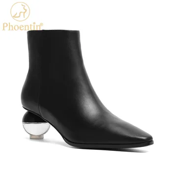 

Phoentin women ankle boots crystal mid heels booties 2020 winter ladies genuine leather shoes pointed toe Black shoes FT1154