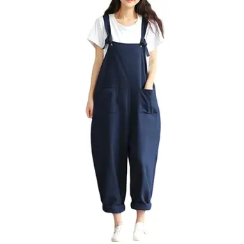 

Plus Size Women Solid Color Strappy Loose Long Pants Overalls Cotton Jumpsuit Plus Size Women Strappy Overalls Cotton Jumpsuit
