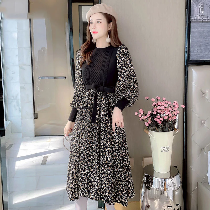 

Korean Style Corduroy Long sleeve Floral Dresses Women Sweet Knitted Patchwork Dress Chic Lace-up Mid-length A-line Dresses