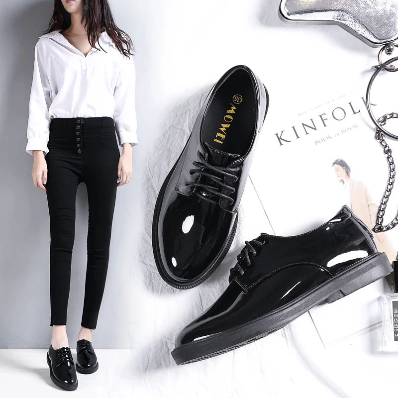 Zapatos de trabajo de charol para mujer, calzado con cordones redonda, Oxford gruesos, planos, color rojo/negro, para otoño|Zapatos planos de mujer| - AliExpress