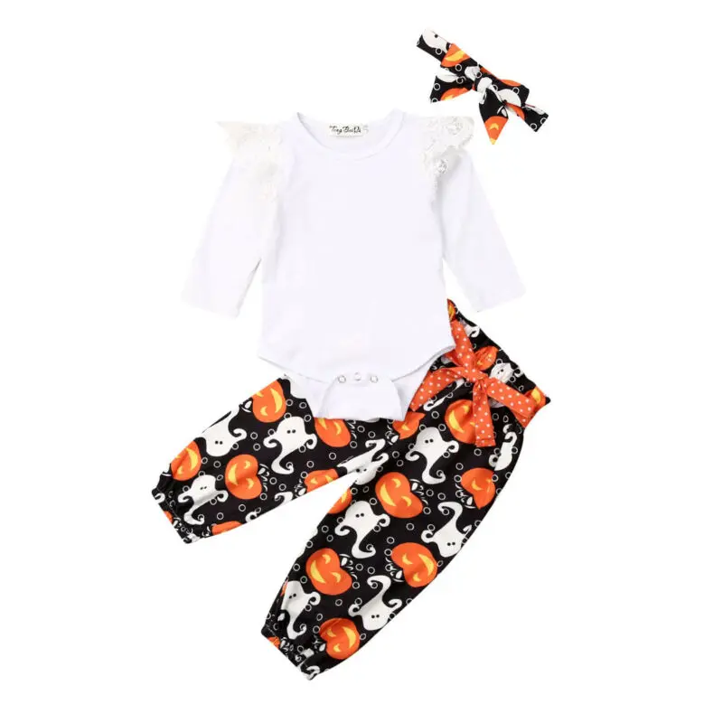 Newborn Baby Girl Boy Halloween Pumpkin Costume Long Sleeve Romper Ghost Pants Headband Outfits