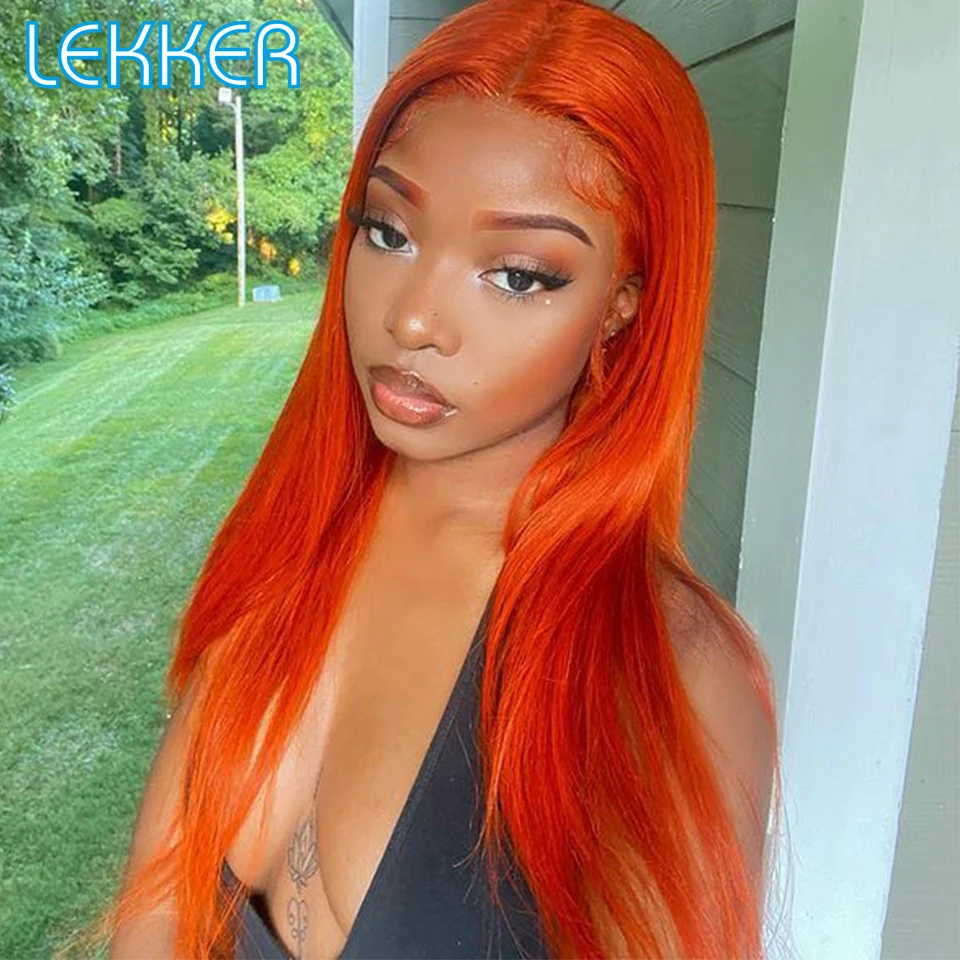 Lekker Ginger Orange Straight HDLace Closure Human Hair Wig For Women Free Part Top Scalp Pre Plucked Brazilian Remy Colored Wig