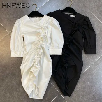 

2020 Summer New Arrivals Three Quarter Puff Sleeve O Neck Drawstring Short Mini Slim Irregular Dress Women T354