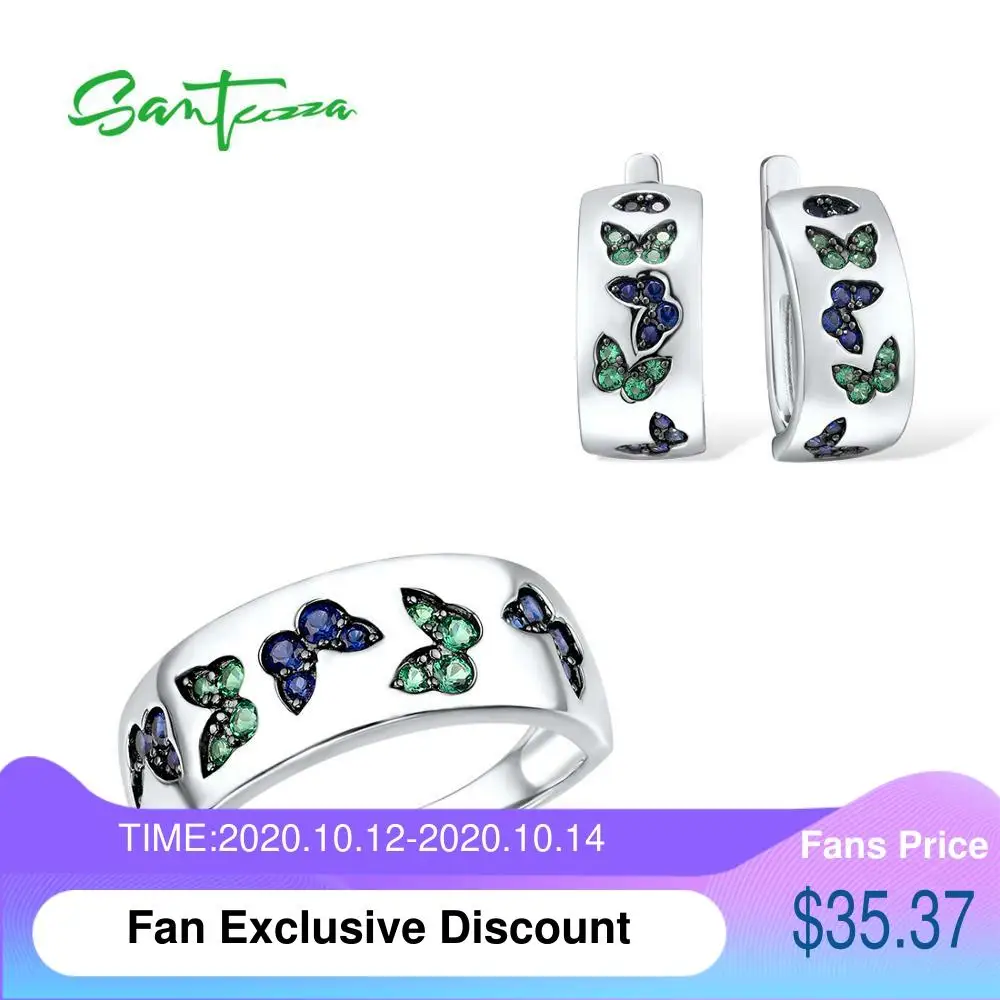 

SANTUZZA Jewelry Set For Women Pure 925 Sterling Silver Sparkling Green Spinel Delicate Butterfly Earrings Ring Set Fine Jewelry