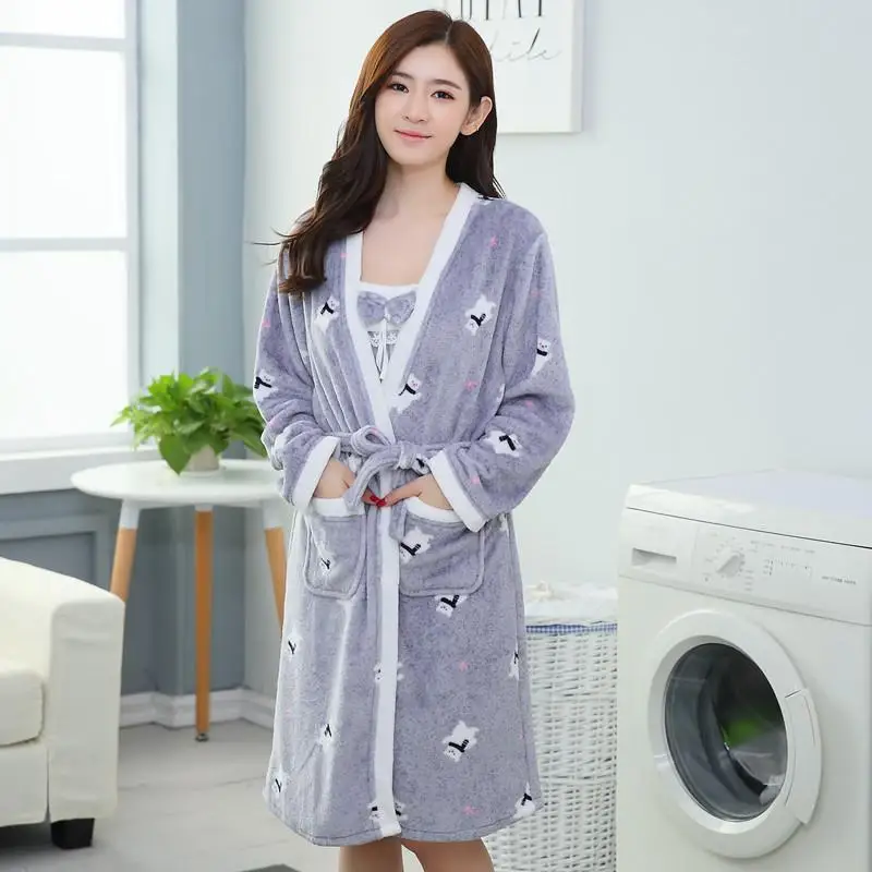 Костюм, мягкая теплая Домашняя одежда, зимний халат, фланелевый Халат, комплект из 2 предметов, белая женская пижама для сна с длинным рукавом, сексуальная домашняя пижама - Цвет: Style B