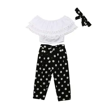 

2-7Y Summer Kids Baby Girl Retro 3Pcs Outfits Chiffon Off-shoulder Tops Ruffle Tassel Crop Tops Dots Pants Headband Outfits 2-7Y