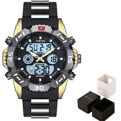 Stryve 8011 Relojes брендовые водонепроницаемые военные спортивные часы мужские Цифровые кварцевые часы из нержавеющей стали с двойным дисплеем montre homme - Цвет: plastic gold withbox