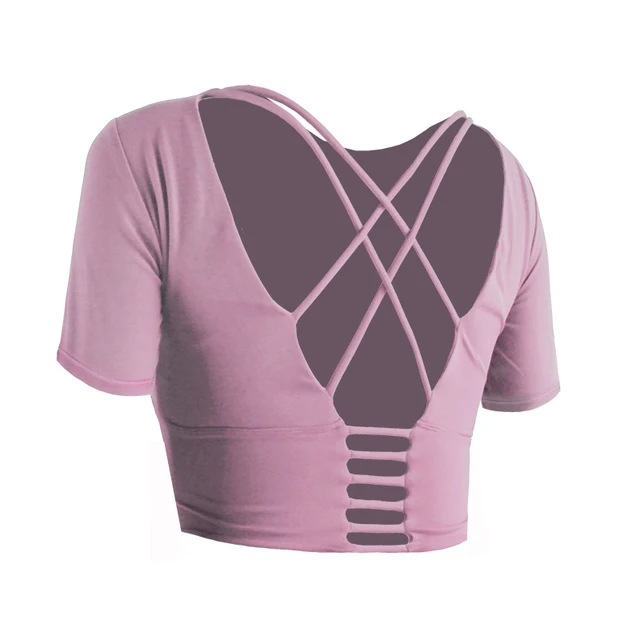 Yoga Shirts Workout Open Back Top Long Sleeve Crop Top Women Spring Autumn Gym Cross Back  Sports Shirt Short Sleeve Summer ShortSleeves Purple