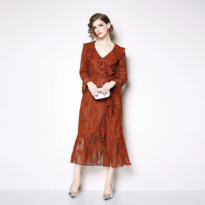 

2018 New Style Flounced Lace Long Skirts Autumn Mid-length Caramel Long-sleeved Dress